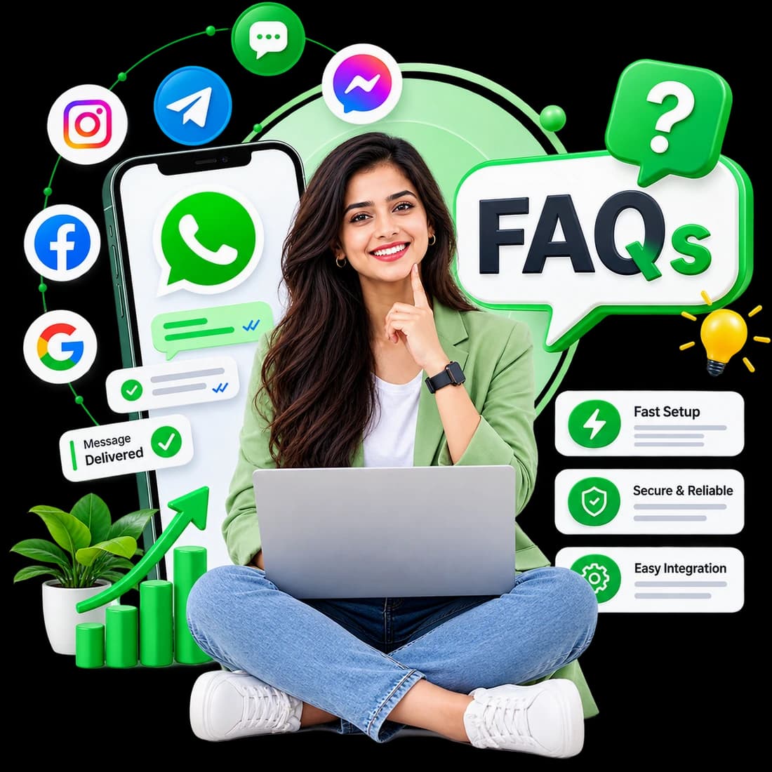 Support specialist with a laptop beside a large FAQs speech bubble, a WhatsApp chat on a phone, and fast-setup, security and integration cards