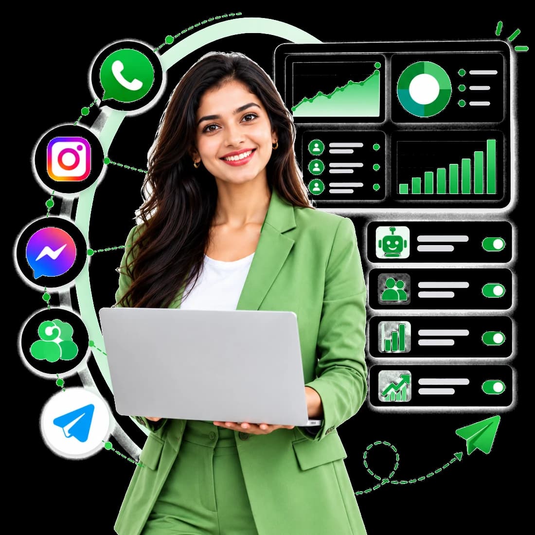 Consultant holding a laptop, surrounded by WhatsApp, Instagram, Messenger and Telegram badges and live analytics panels
